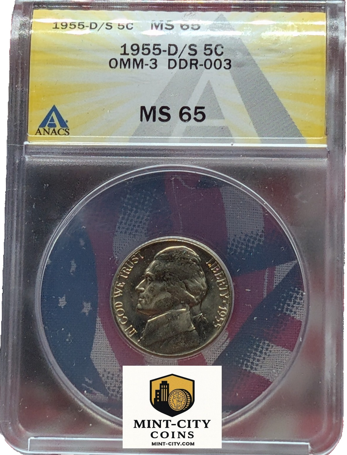 1955-D/S 5c JEFFERSON NICKEL 0MM-3 DDR-003 MS65 GOLDEN TONED RARITY