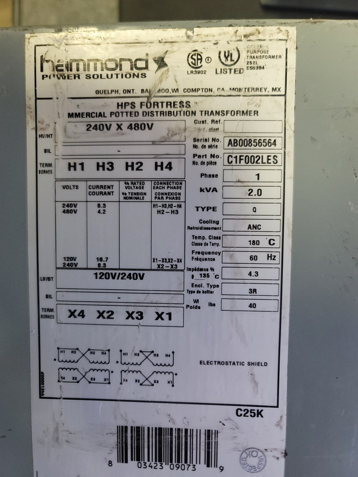 NEW Hammond Power Solutions C1F002LES Transformer 240/480V to 120/240V 60Hz 2KVA