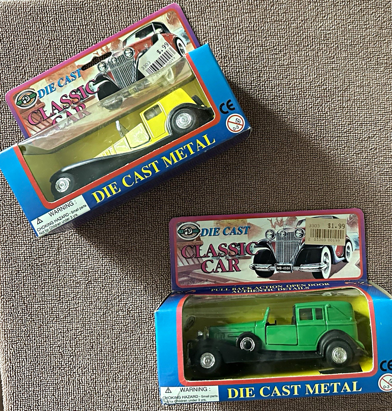 Vintage J.E. Toys Diecast Classic Cars Yellow/Green 4.25” Pullback Lot of 2 NEW