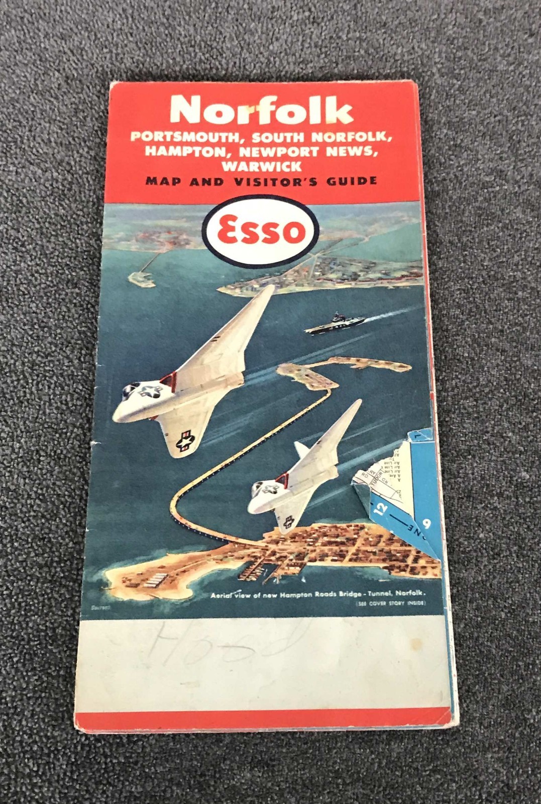 1958-59 Esso Norfolk Portsmouth Virginia Road Street Map Visitor Guide Jet Cover