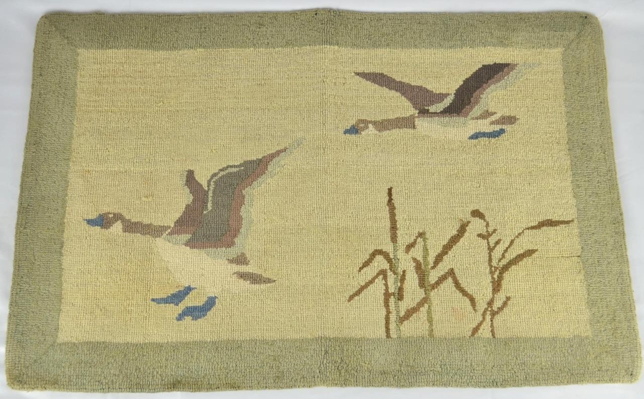 VINTAGE GRENFELL HOOKED RUG c1950\'s - MALLARDS IN FLIGHT - 23 1/4\