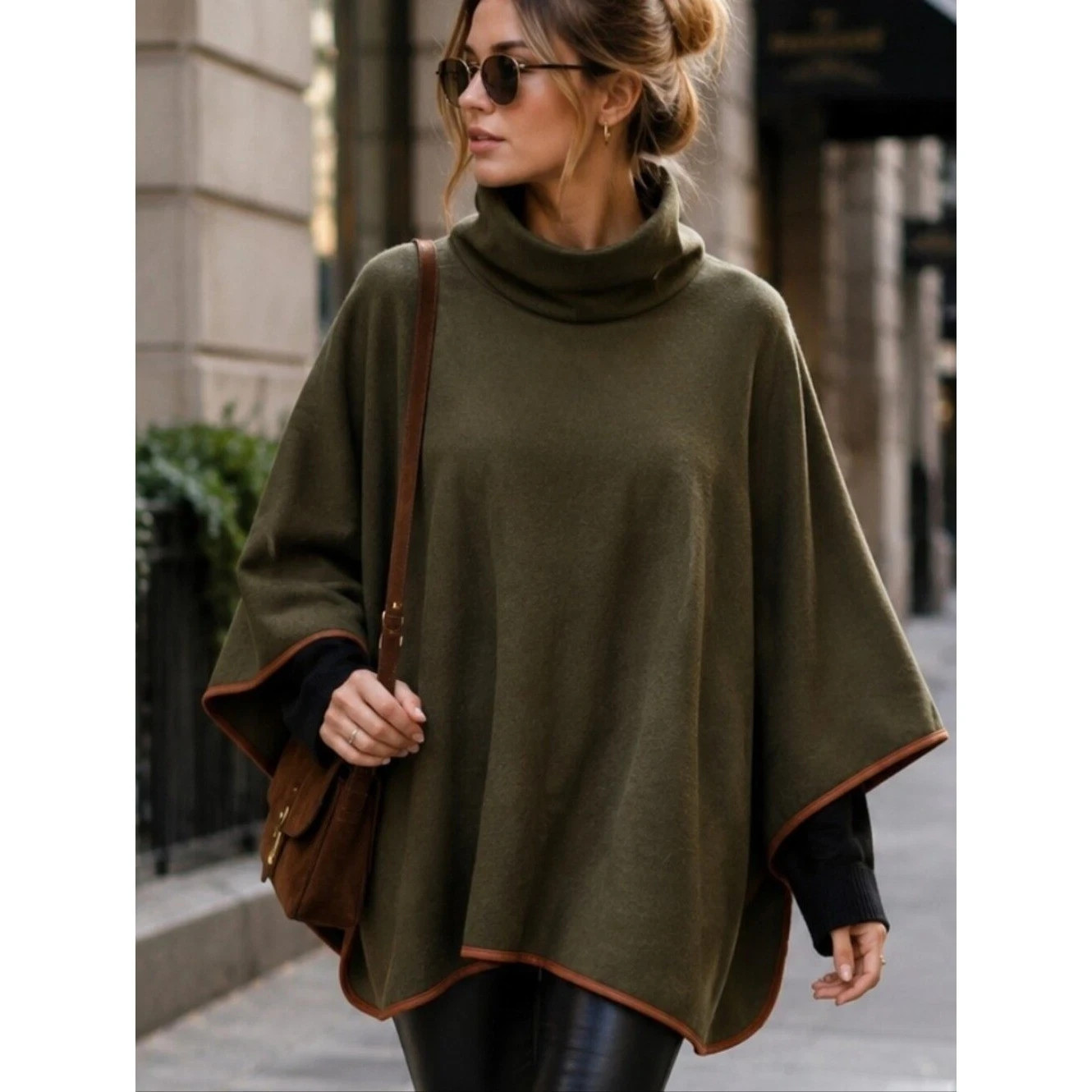 Tuckernuck Olive Green Poncho with Brown Trim piping 95%poly 5% spandex NWT
