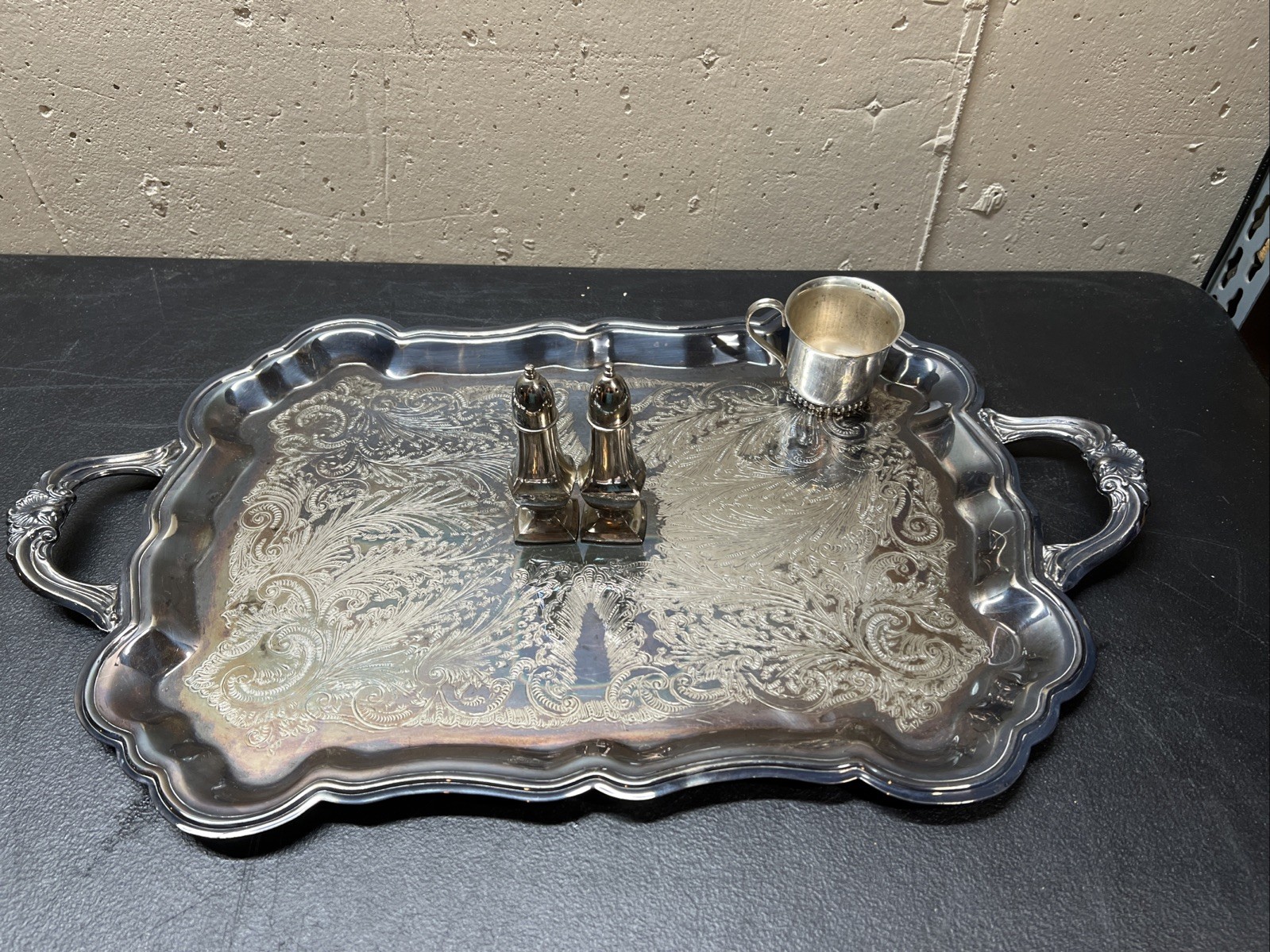 F B ROGERS Silver Plate Tray 23”x 13” & ONEIFA SALT PEPPER SHAKER & LEONARD CUP￼