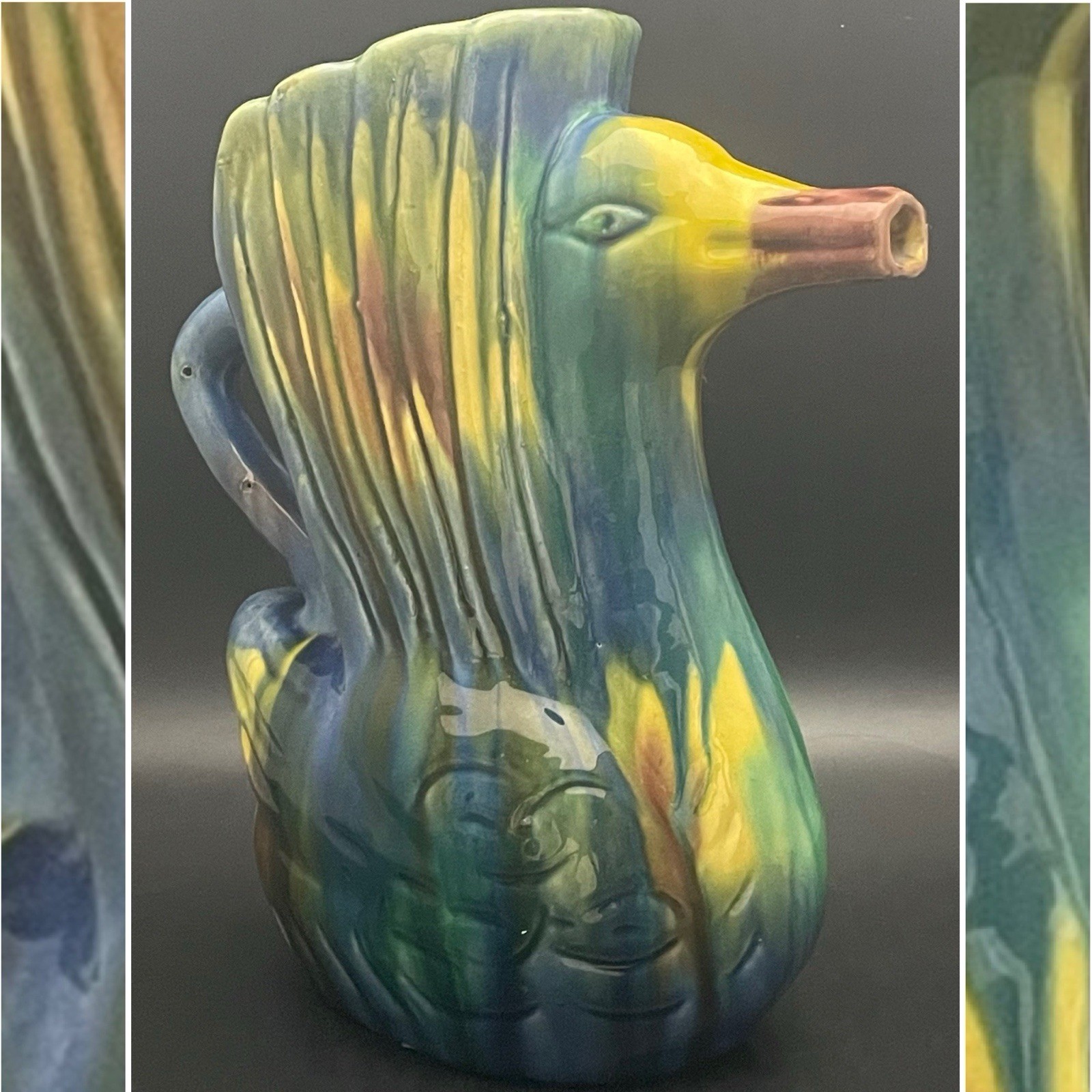 Oaxacan Art Pottery Handcrafted Dripware Blue Swan Pitcher c1950s Mexico 12\