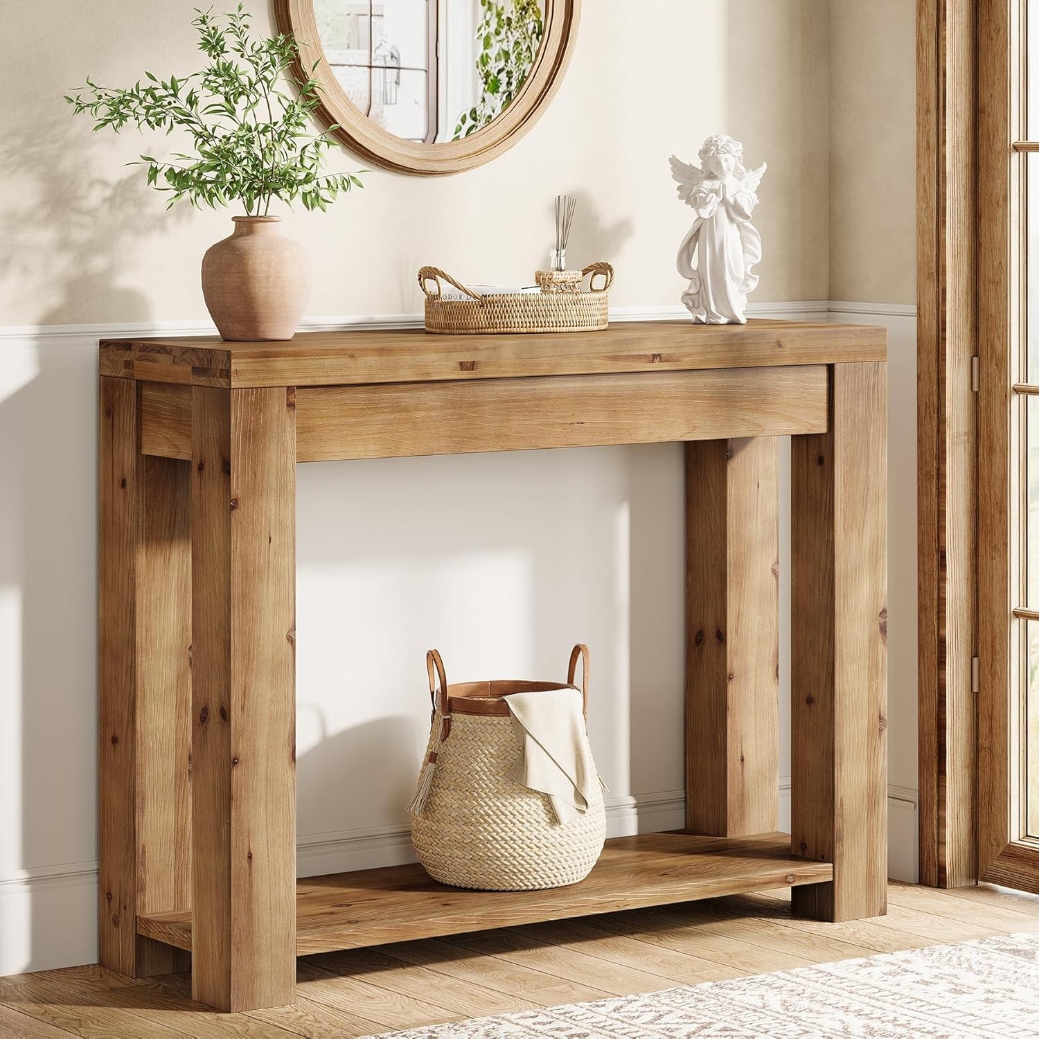 43.3-Inch Solid Wood Console Table, 2-Tier Farmhouse Narrow Sofa Entryway Table