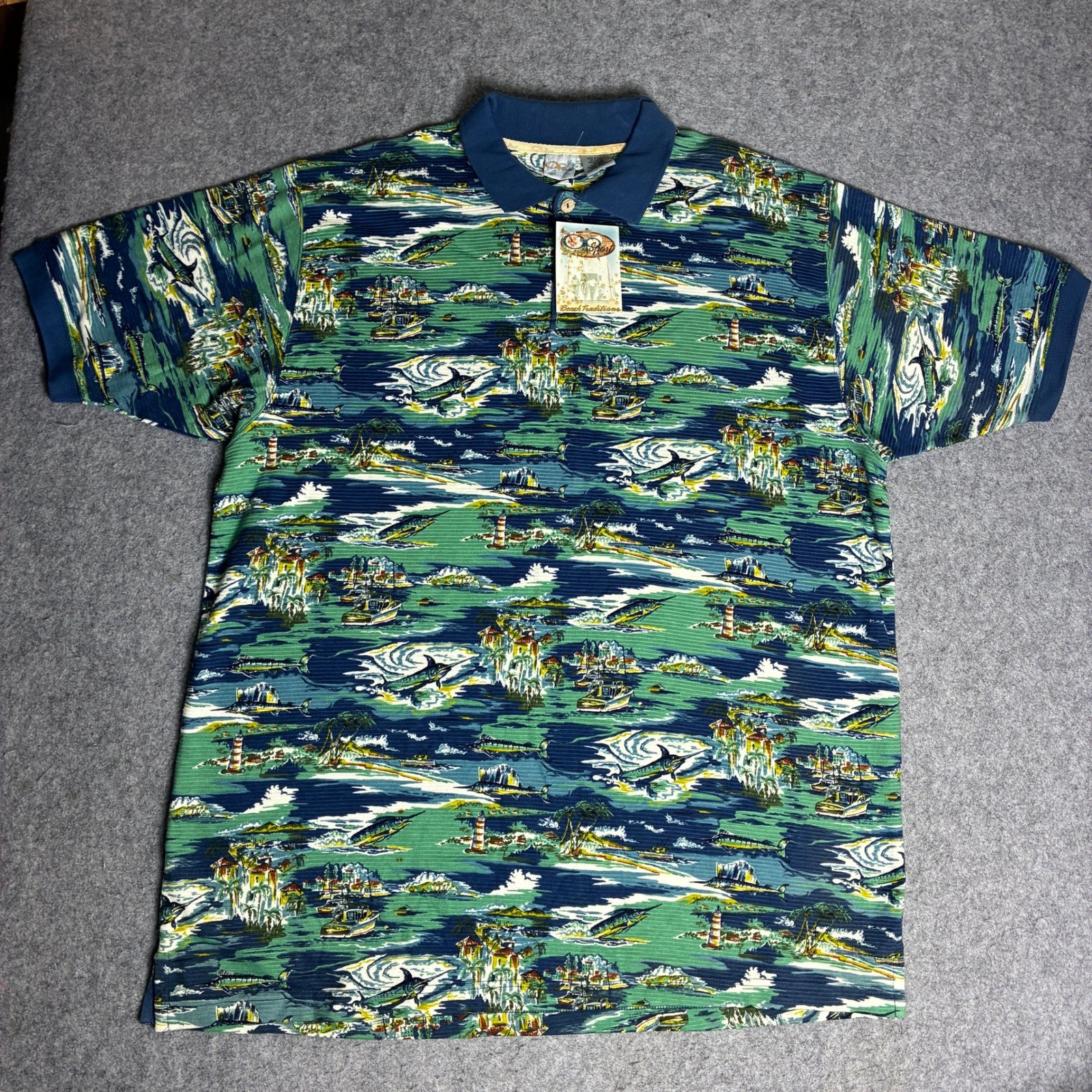 Ocean Pacific Polo Shirt Mens XXL Blue Green NWT Nautical Marlin Tropical Vtg