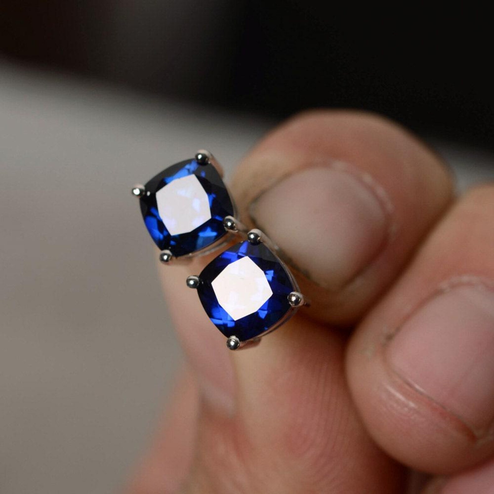4 Ct Cushion Cut Natural Sapphire Diamond Wedding Bridal Earring 14K White Gold
