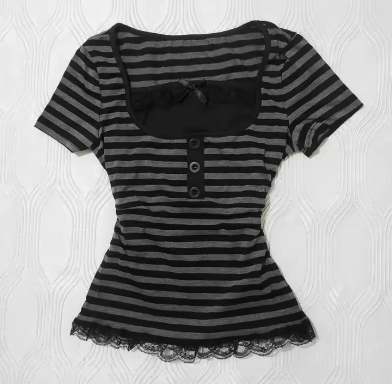Y2K Gothic Grunge Emo Edgy strip Lace Trim Baby Tee Top Y2K Gothic Grunge Emo Edgy strip Lace Trim Baby Tee Top