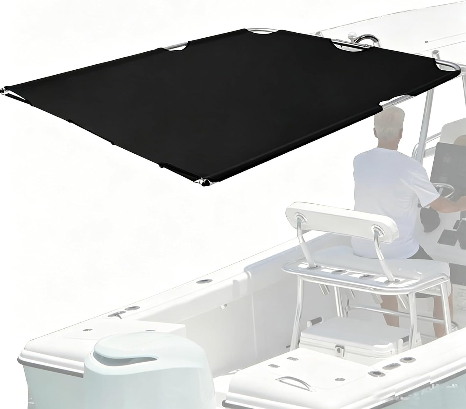 Black T-Top Boat Sun Shade Kit with Poles and Tie-Down Straps - 1200D Polyester