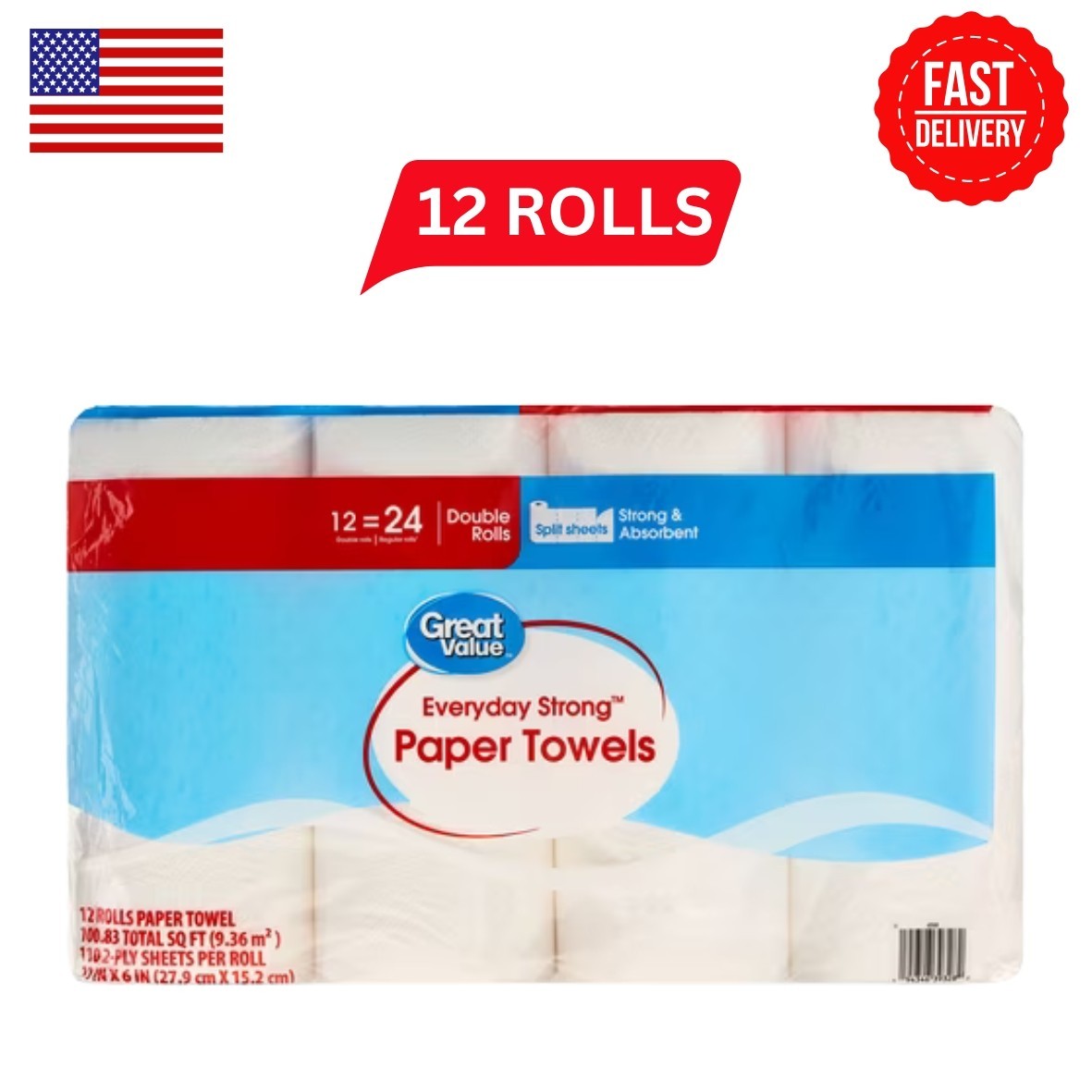 Great Value Paper Towels, Choose-A-Sheet, 12 Double Rolls