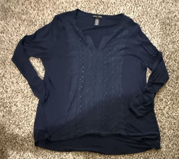 RXB Long Sleeve Blouse Size L Navy Lace V-Neck Tunic Top