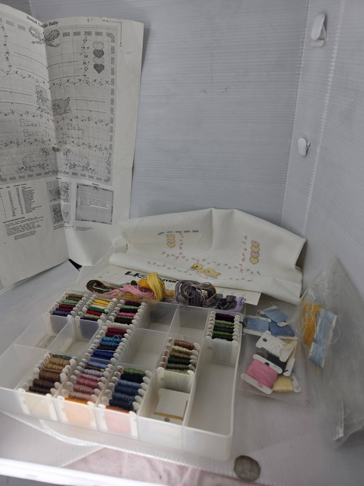 Vintage Sweet Little Baby Cross Stitch Pattern Fabric Thread Floss Bobbins...