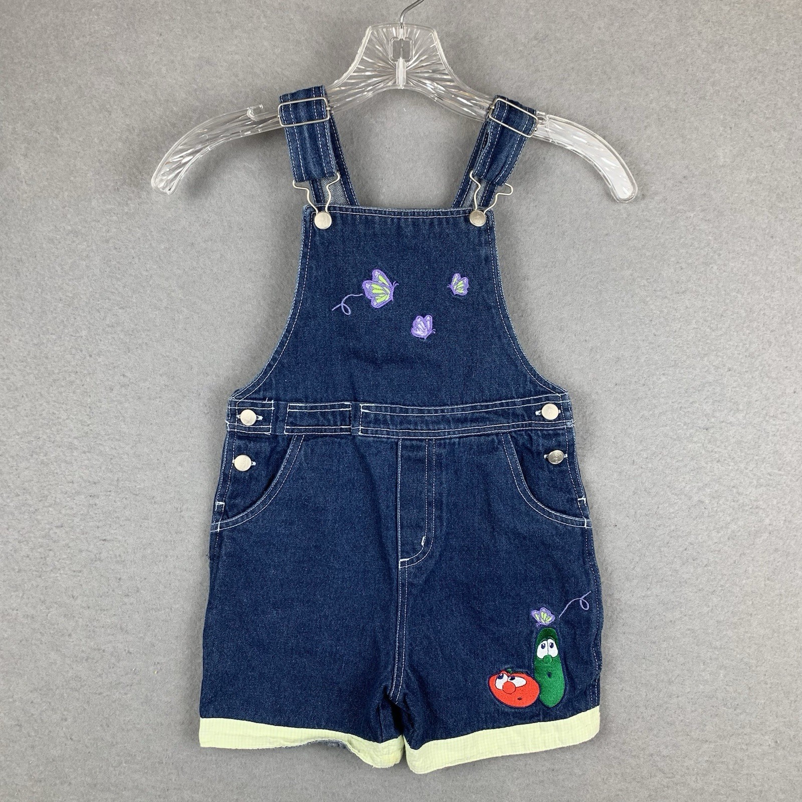 Vintage Veggie Tales Demin Overalls Bob Larry Butterflies Embroidered Kids Sz 5 Vintage Veggie Tales Demin Overalls Bob Larry Butterflies Embroidered Kids Sz 5