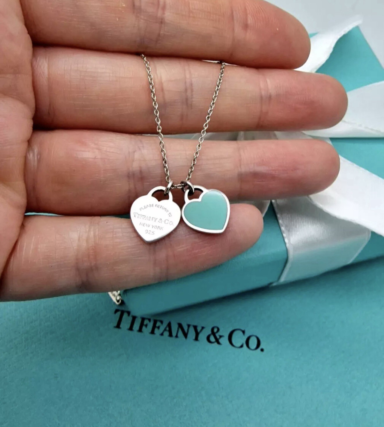 Tiffany & Co. Blue Double Heart Tag Pendant Necklace ( On an 18” Chain ) Tiffany & Co. Blue Double Heart Tag Pendant Necklace ( On an 18” Chain )