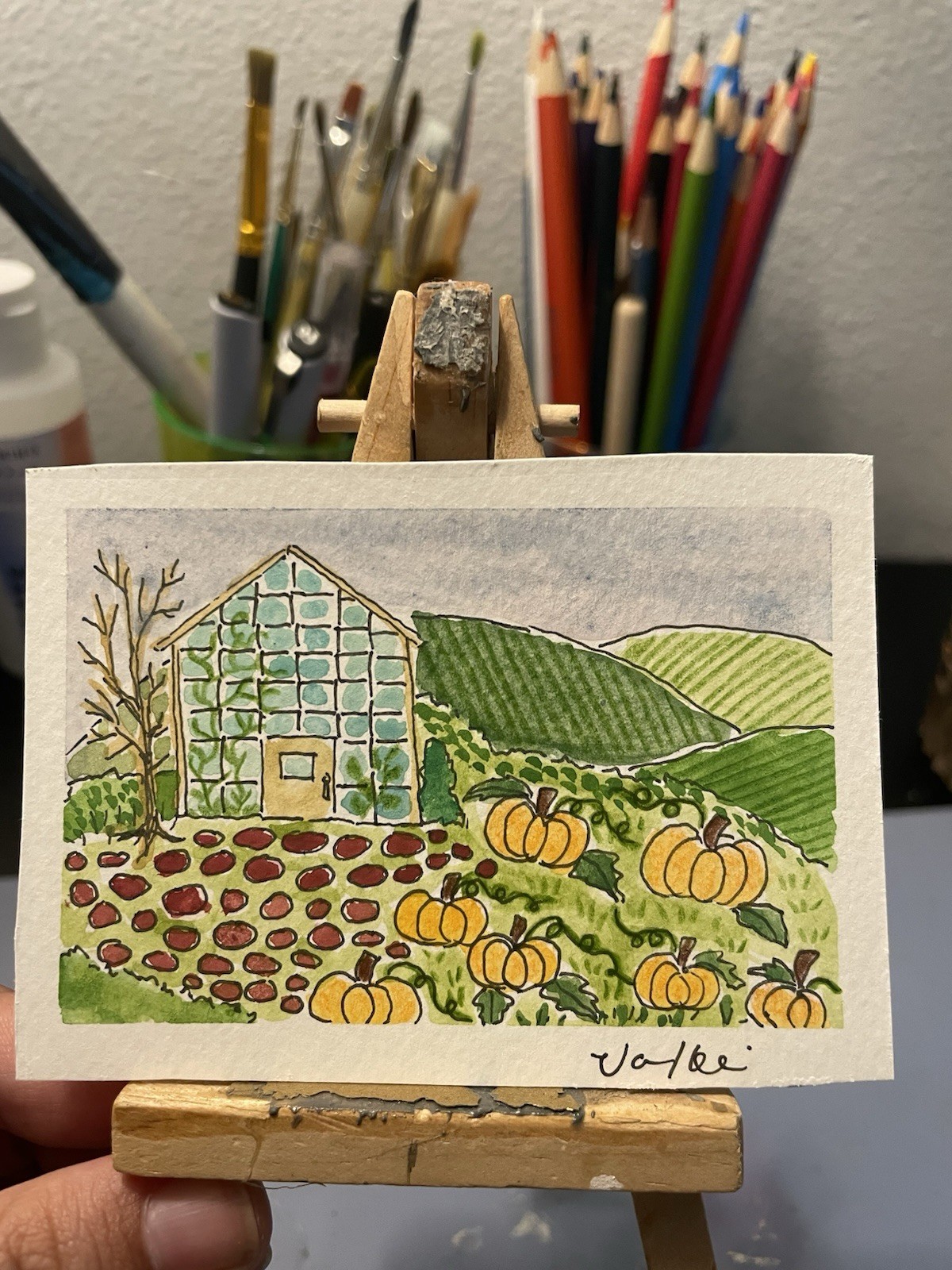 ACEO Greenhouse Garden Pumpkin Patch Field Watercolor Painting Signed Original