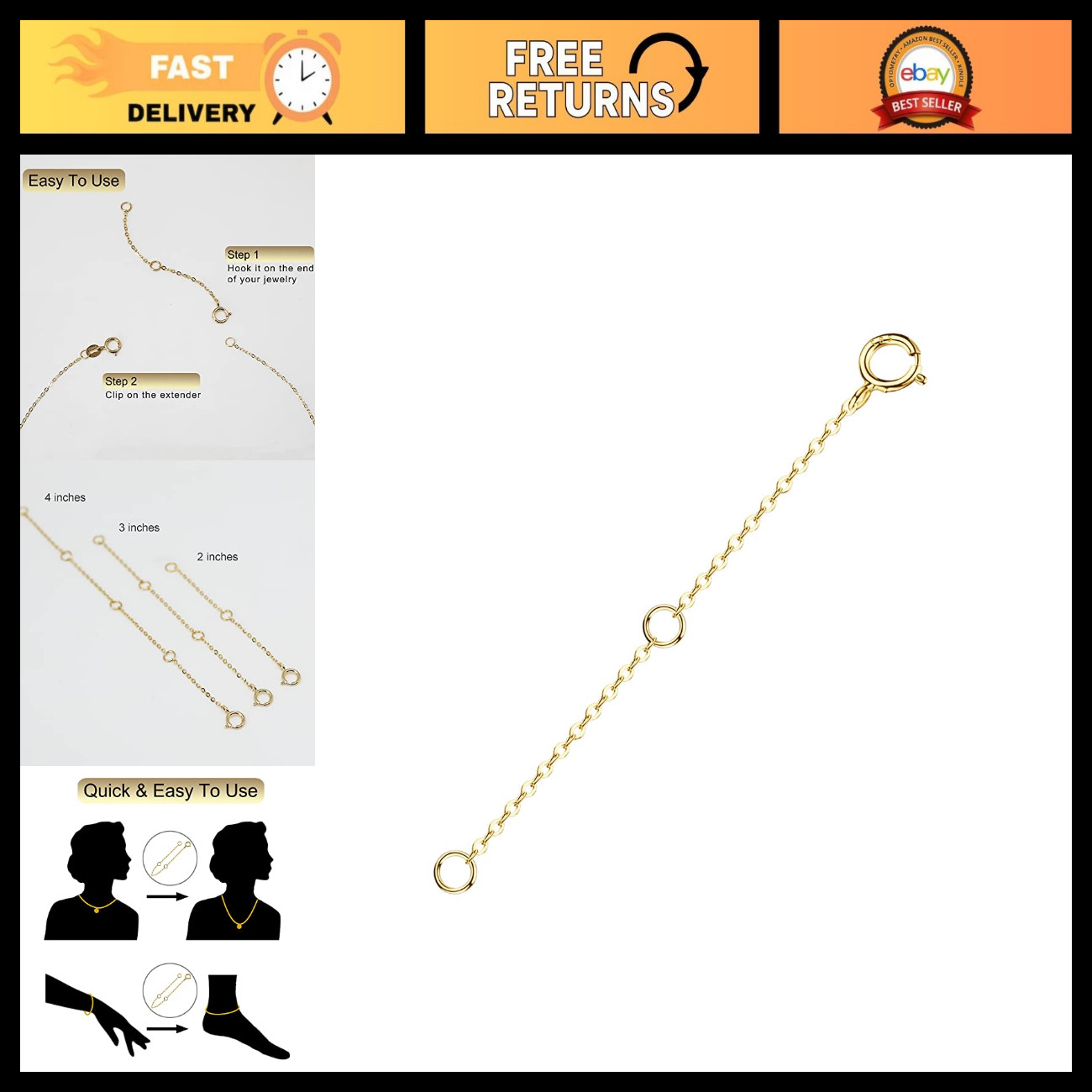 14K Solid Gold Necklace Extender 2 Inch for Women - Adjustable Jewelry Accessory 14K Solid Gold Necklace Extender 2 Inch for Women - Adjustable Jewelry Accessory