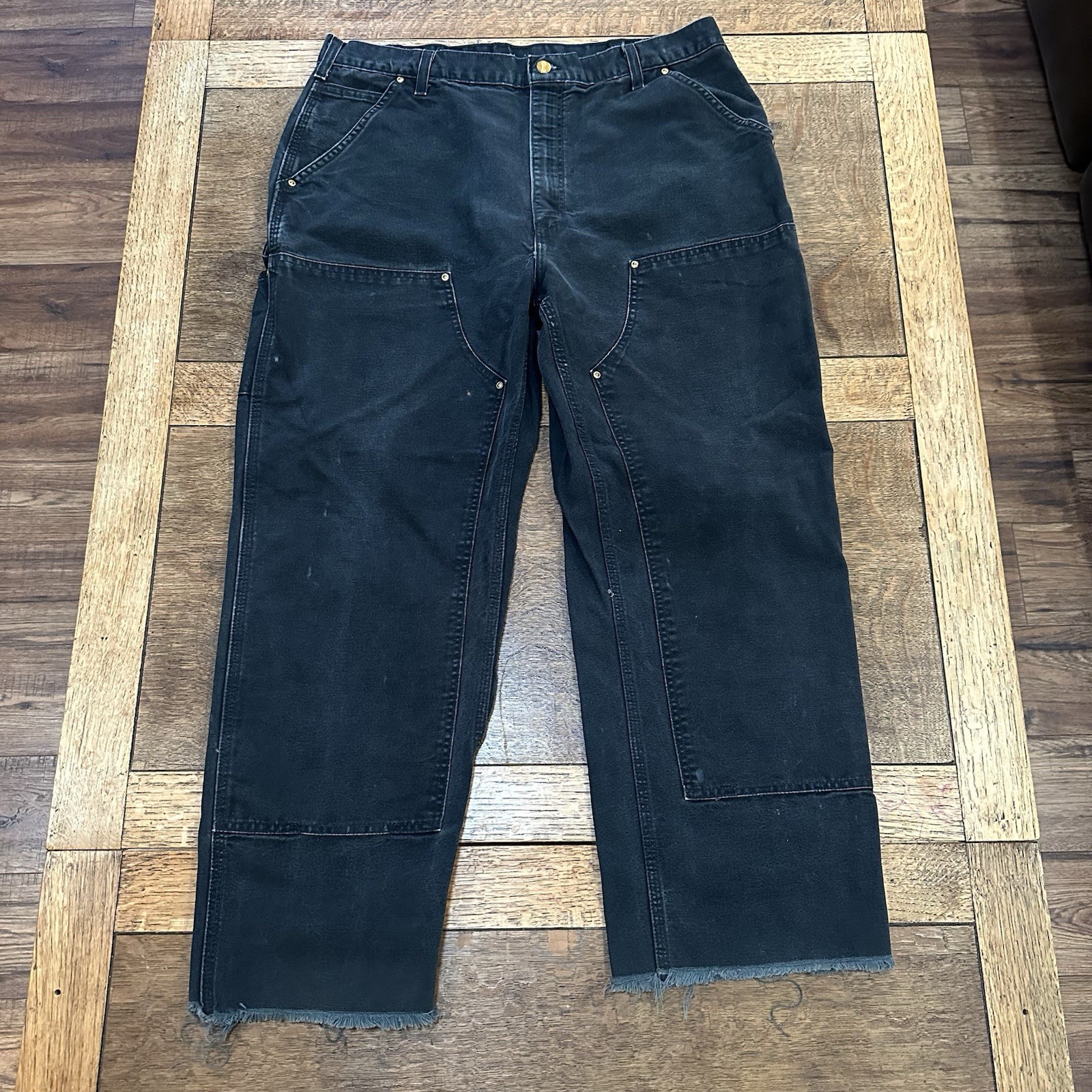 Vintage THRASHED Holes Carhartt B01 BLK Faded Black Double Knee Carpenter 36x28