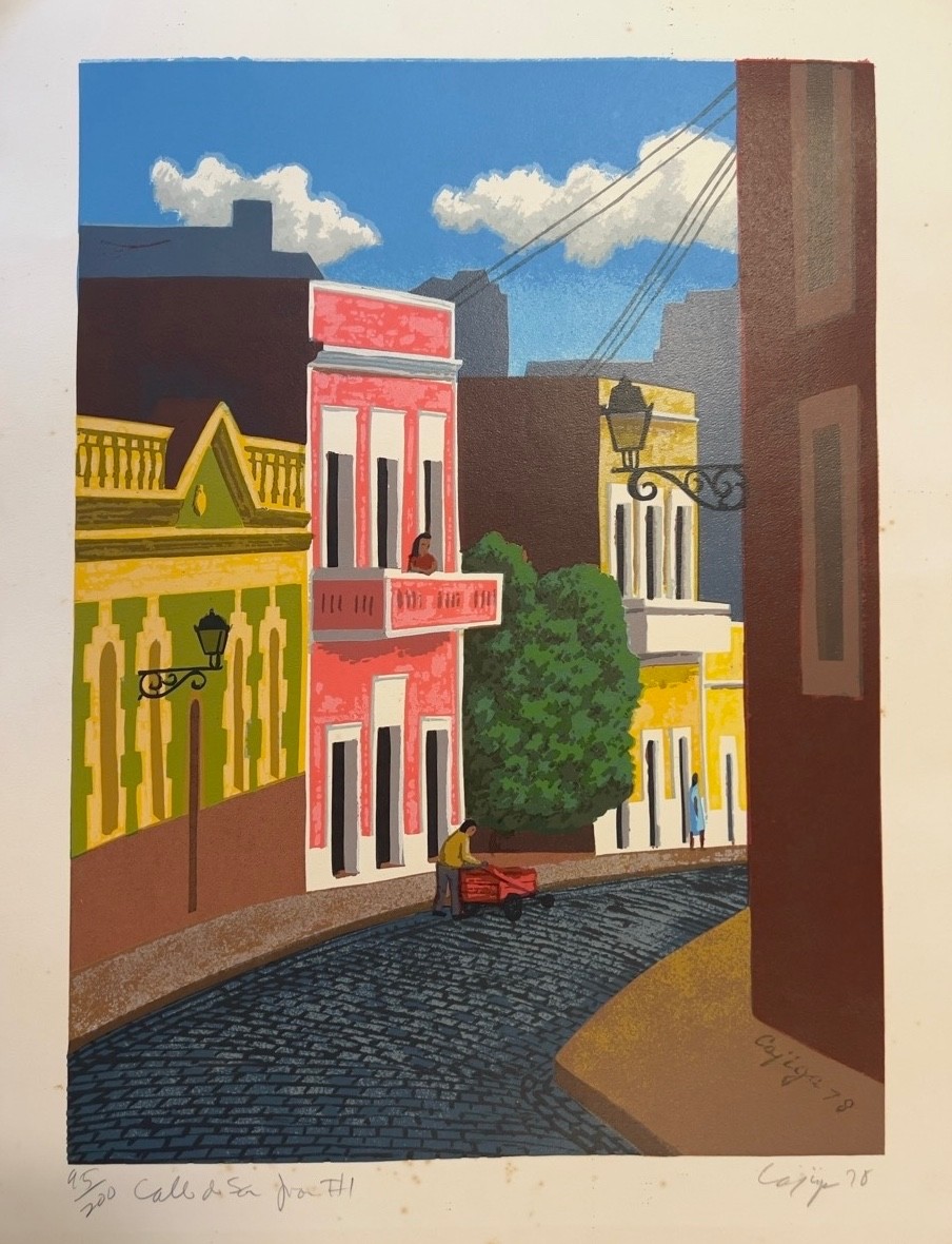 Luis Cajiga “Calle de San Juan I” 1978 Puerto Rican Print — Street Vendor Scene