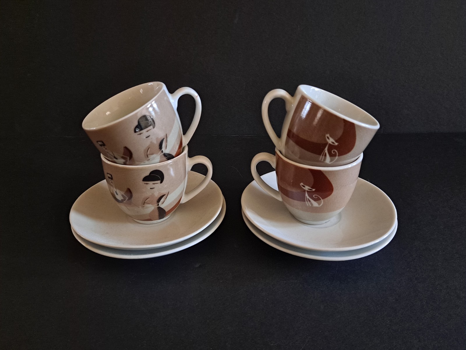 RARE FIND Vtg MCM Retro Shag Style Atomic Loung Cat Espresso Cup & Saucer 4 Set