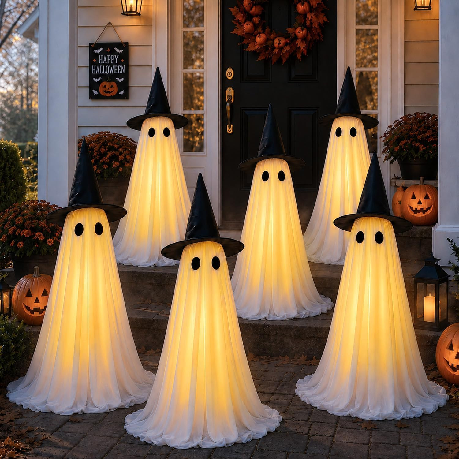 6Pcs Halloween Light up Spooky Ghosts with Hat Outdoor Decorations | Light up Sp