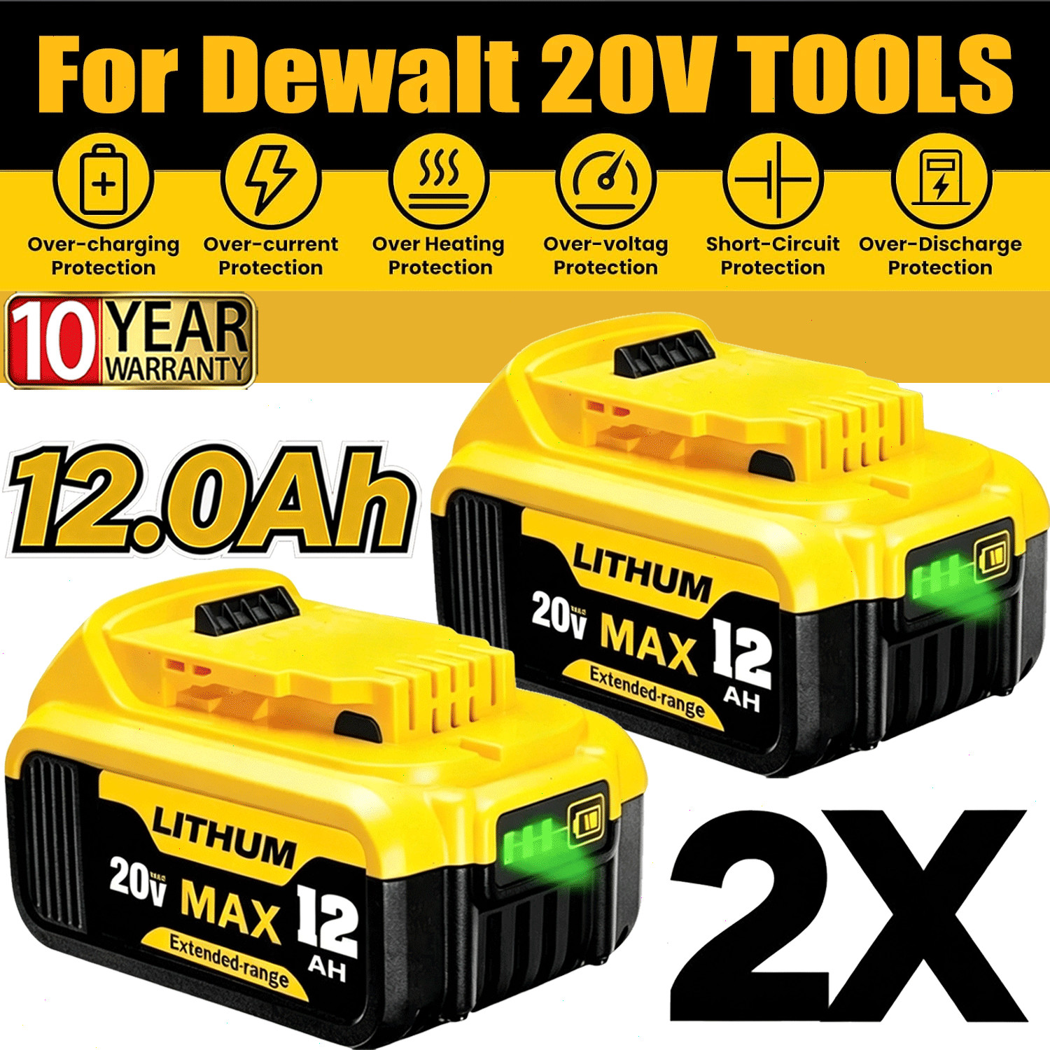 2/4Pack 12.0AH replace For DeWalt 20Volt Max Lithium-ion Battery DCB206 DCB205-2 2/4Pack 12.0AH replace For DeWalt 20Volt Max Lithium-ion Battery DCB206 DCB205-2