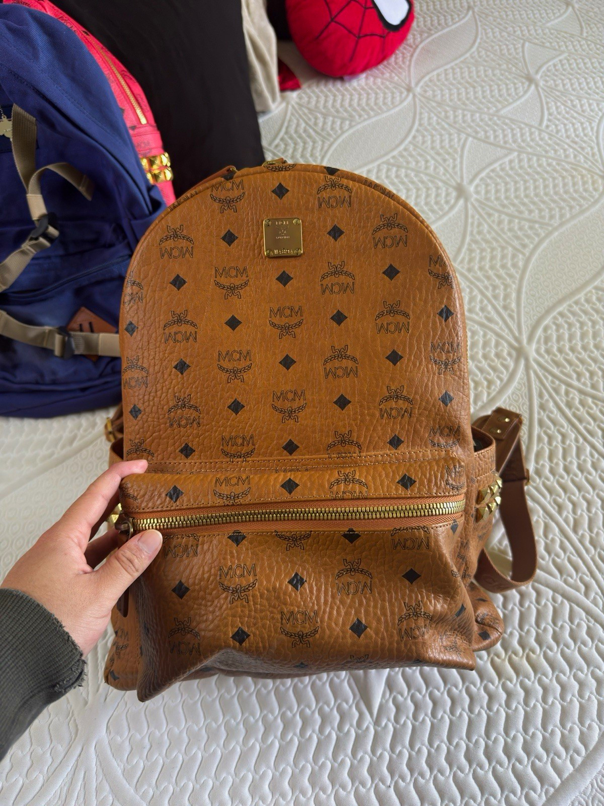 MCM Brown Visetos Monogram Studded Zip Backpack Large Men’s