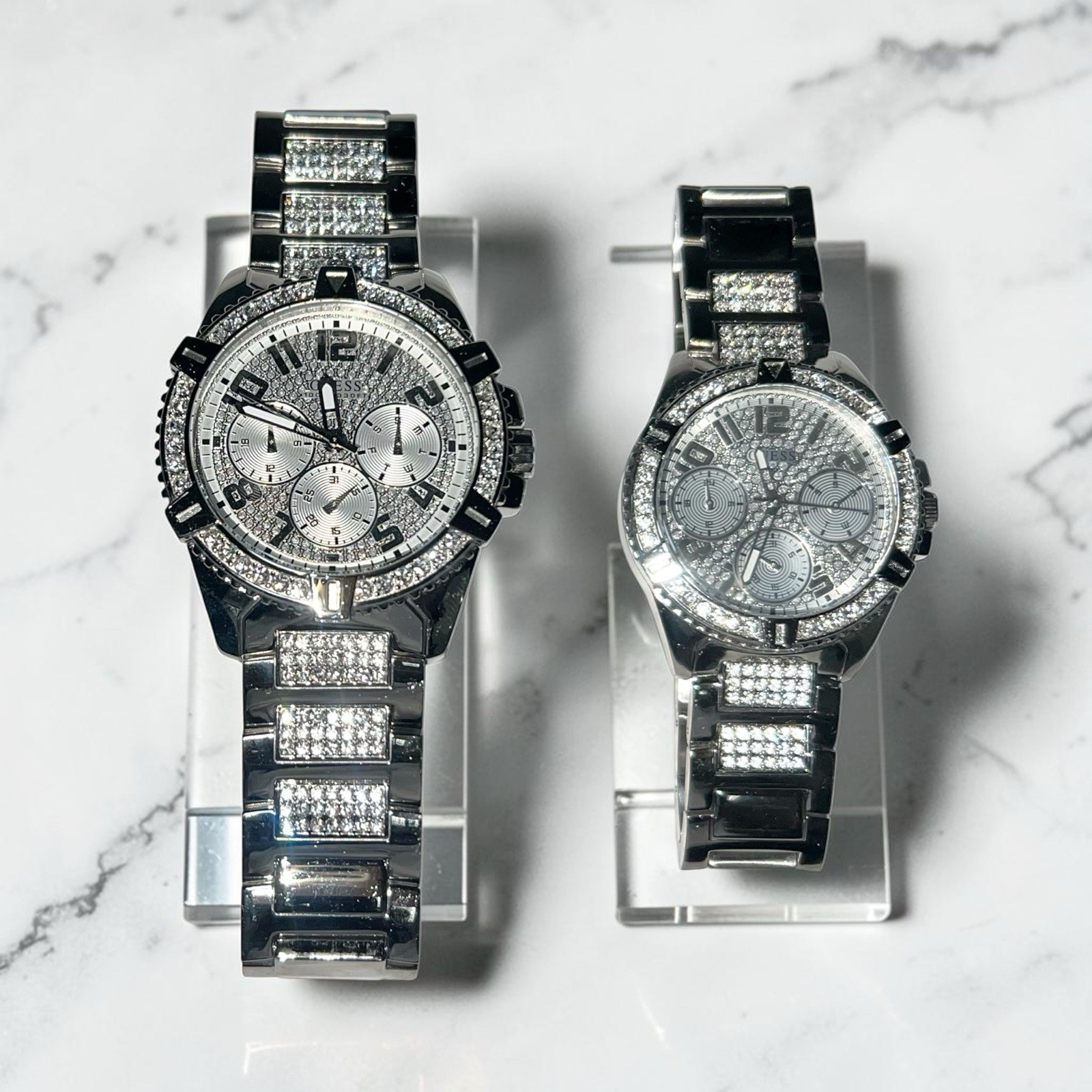 GUESS Silver Tone Multi-function Polished Bezel Watch Set His & Hers