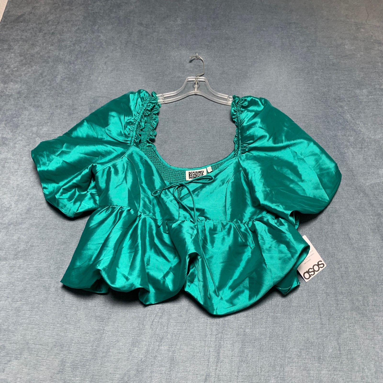 Asos Reclaimed Vintage Bubble Hem Top Womens 12 Emerald Green Exaggerated Sleeve
