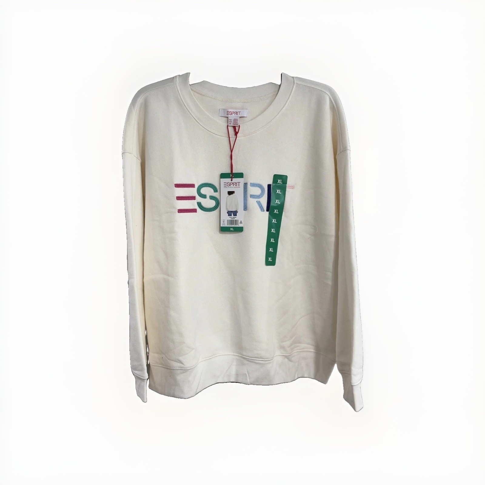 Esprit Women\'s Logo Fleece Crewneck Sweatshirt Cream Viral 80\'s Costco XL NEW
