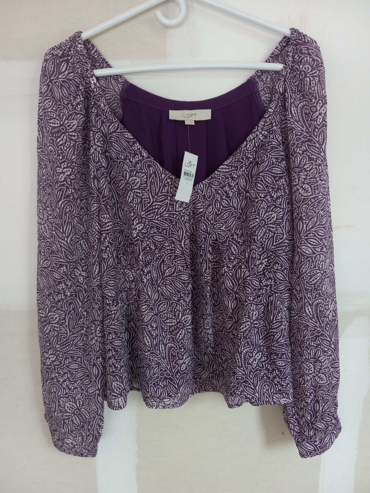 NWT LOFT Womens Polyester Purple White Casual Career Boho Peasant Top L NWT LOFT Womens Polyester Purple White Casual Career Boho Peasant Top L