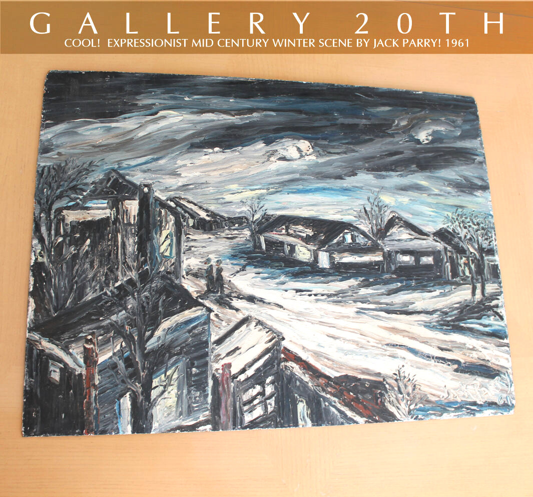 AWESOME 60\'s EXPRESSIONIST WINTER TOWN PAINTING MID CENTURY VTG OIL ORIG ART