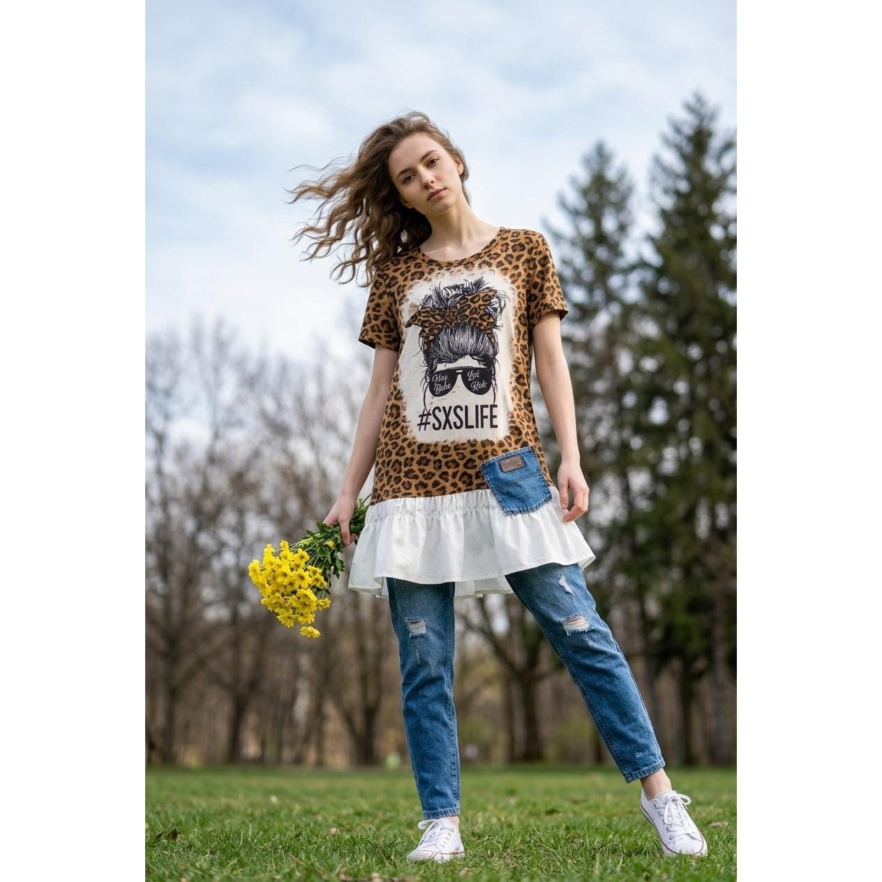 Upcycled OOAK Leopard Print Ruffle Graphic T-Shirt Dress #SXSLIFE PTP:20, L:37