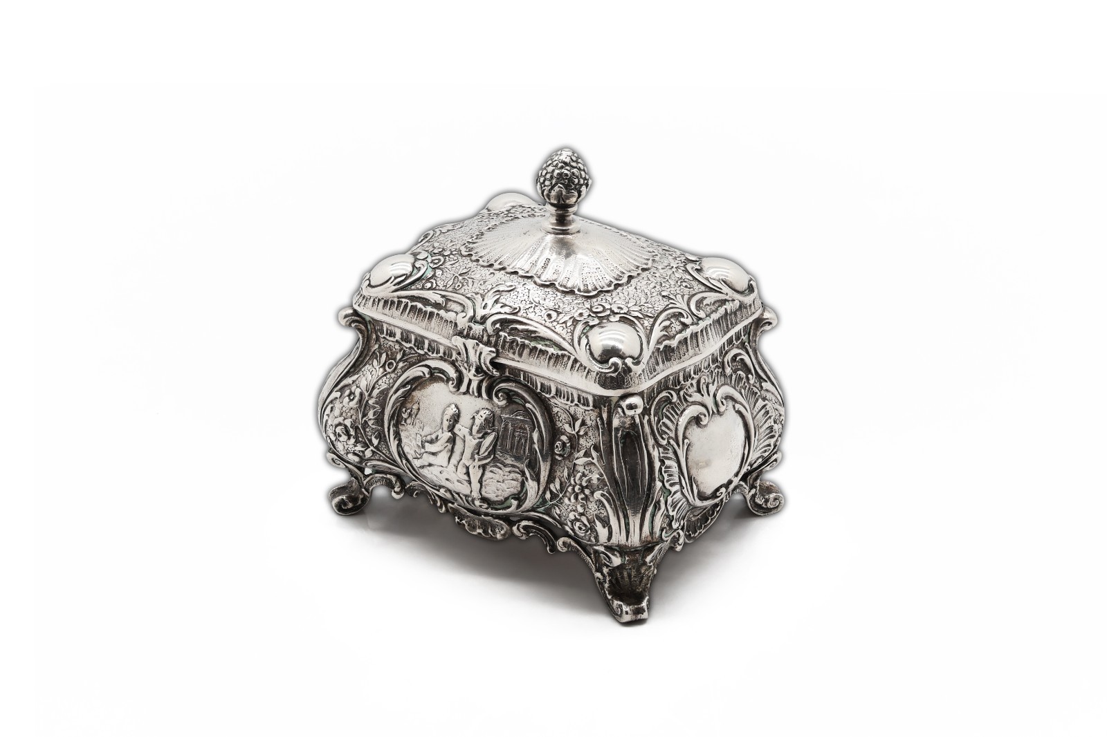 Antique German Hanau Silver Repousse Figural Box, Gilt Interior