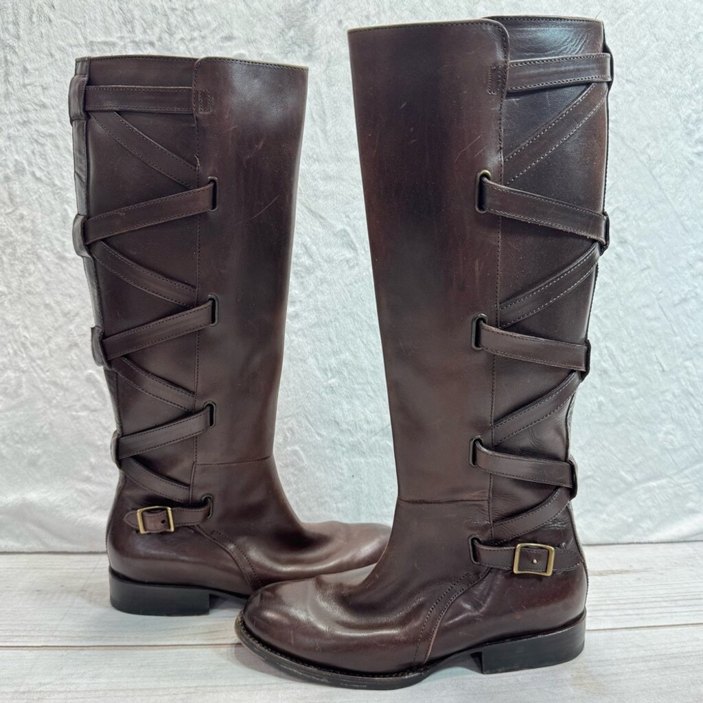 Frye Jordan Strappy Tall Brown Genuine Leather Riding Equestrian Boots Low Heel