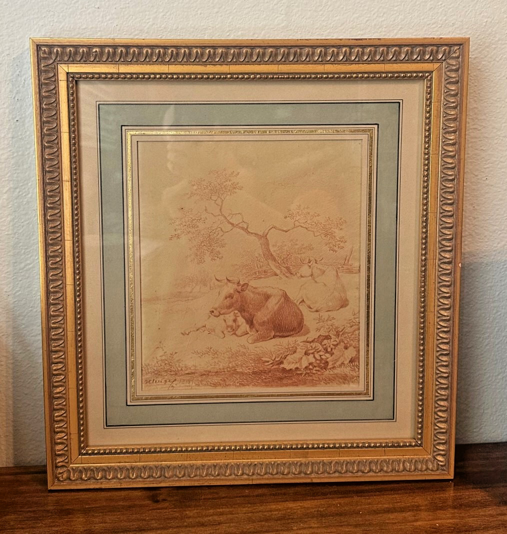 19th c Signed French Sanguine Red Chalk Sketch Landscape Drawing COWS 1813 19th c Signed French Sanguine Red Chalk Sketch Landscape Drawing COWS 1813