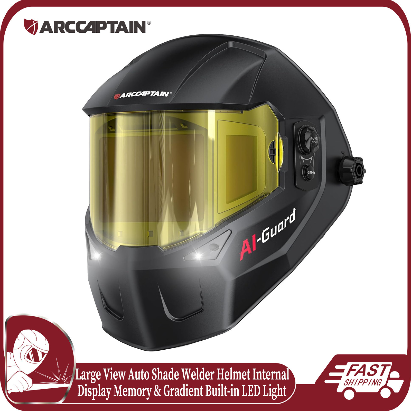 ARCCAPTAIN Welding Helmet Auto Darkening Large View 1/1/1/1 w/ Internal Display