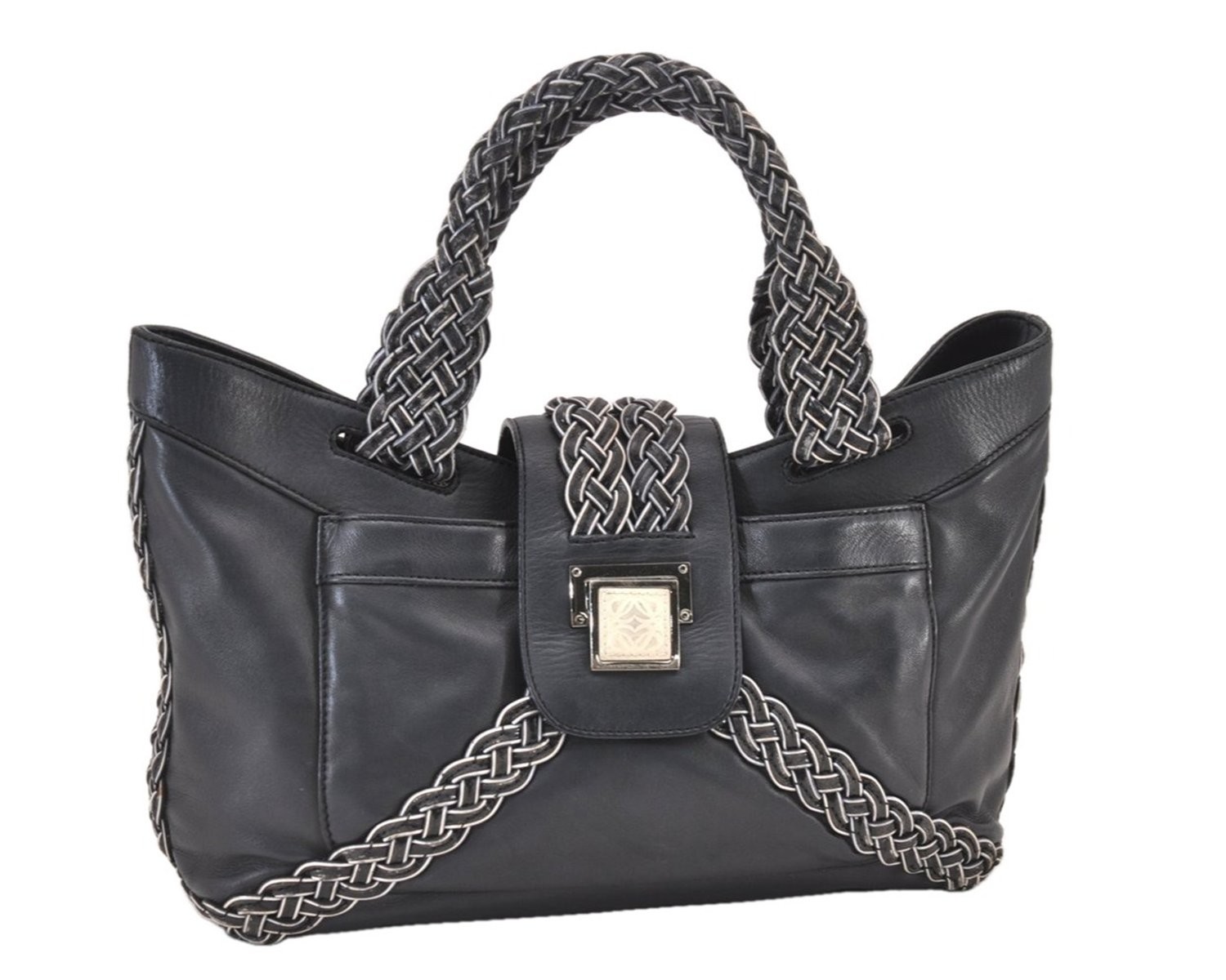 Authentic LOEWE Vintage Anagram Hand Tote Bag Leather Black 794AB Authentic LOEWE Vintage Anagram Hand Tote Bag Leather Black 794AB