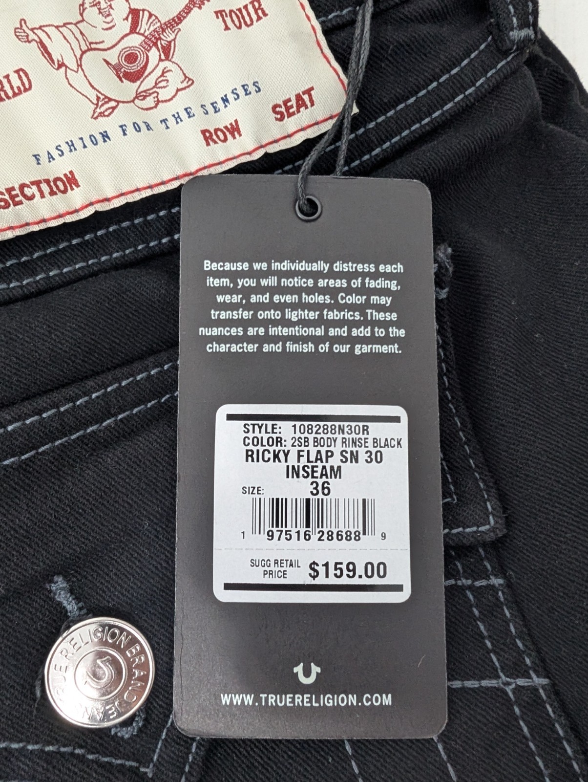 True Religion Jeans 34x30 36x30 38x30 Ricky Flap SN Relaxed Straight Rinse Black