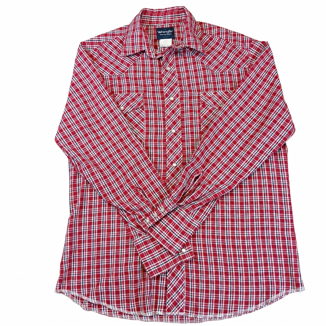 Wrangler Men’s M Western Shirt Red Black Plaid Pearl Snap Cowboy Yoke