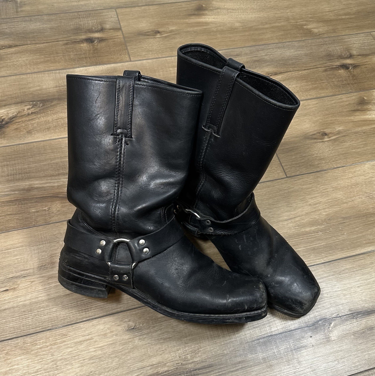 Vintage 90s Frye Harness 12R Black Made in USA Square Toe Leather Boots Size 14