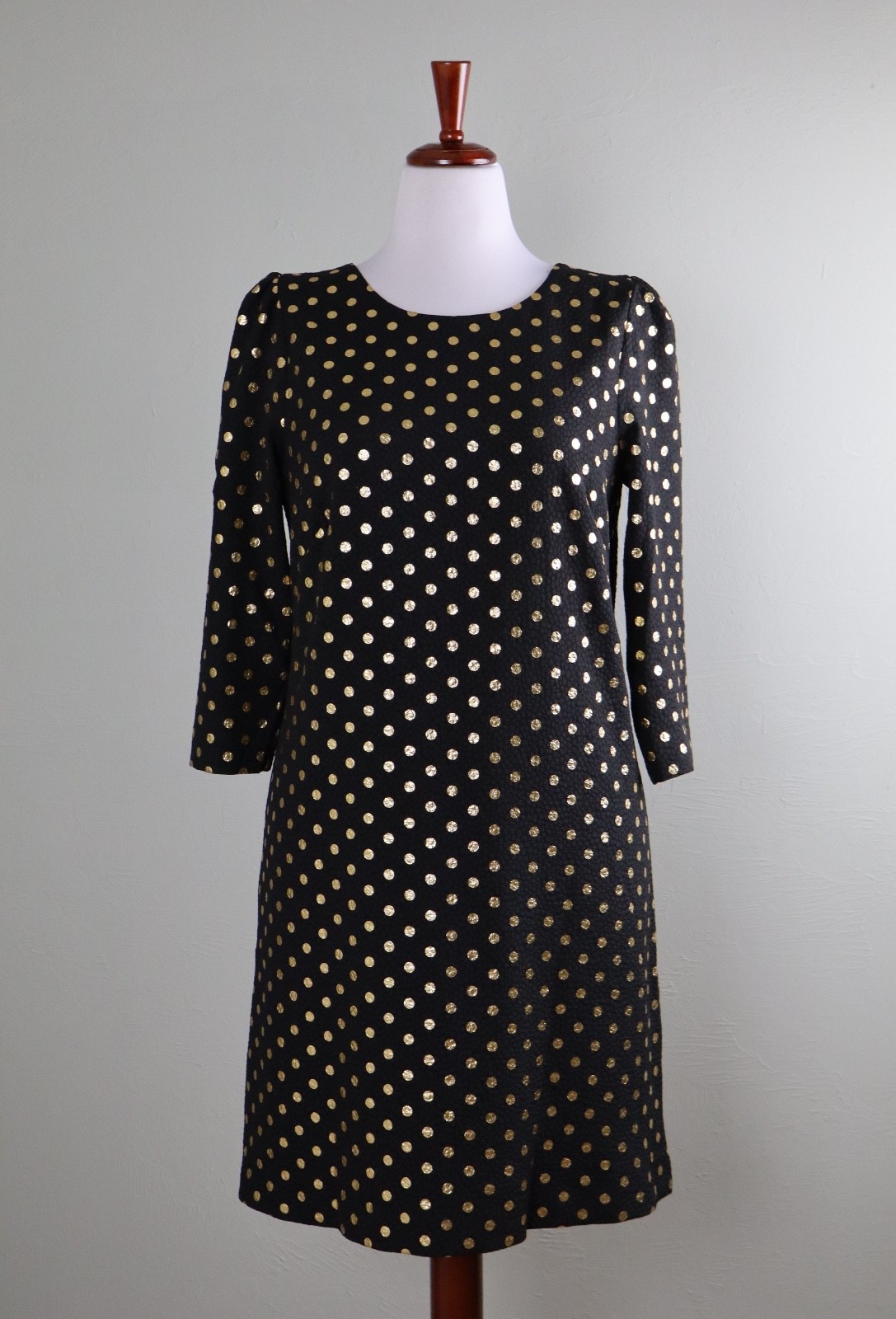 TALBOTS $158 Textured Gold Polka Dot Lined Open Back Shift Dress Size 12