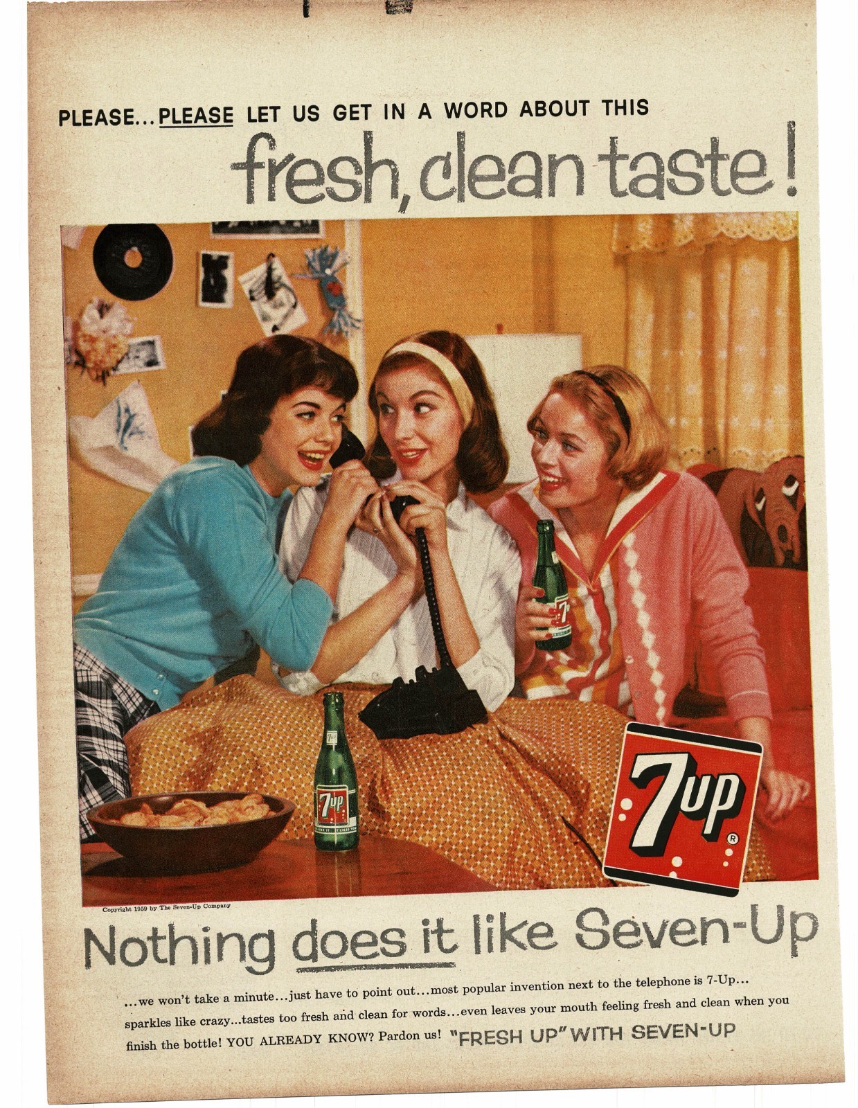 1959 7UP 7 UP Soda teen girls talking on telephone Vintage Print Ad