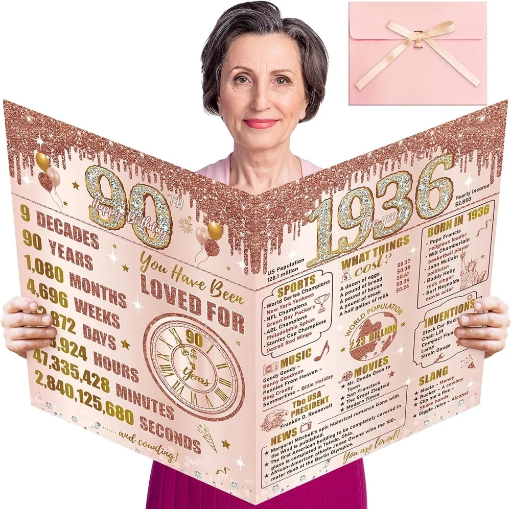 Large 90Th Birthday Card with Envelope for Girls, Pink Rose Gold the Year 1936 H Large 90Th Birthday Card with Envelope for Girls, Pink Rose Gold the Year 1936 H