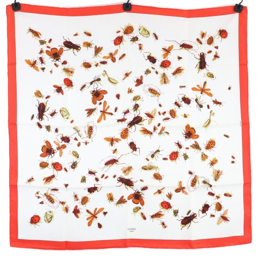HERMES Carre 90 Scarf Insectes Silk White Red Wrap Shawl Like Good Mint Japan