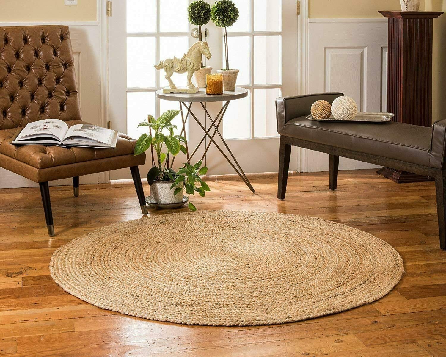 Rug Jute Natural Round 100% Jute Style Rug Reversible Braided Modern Rustic Look