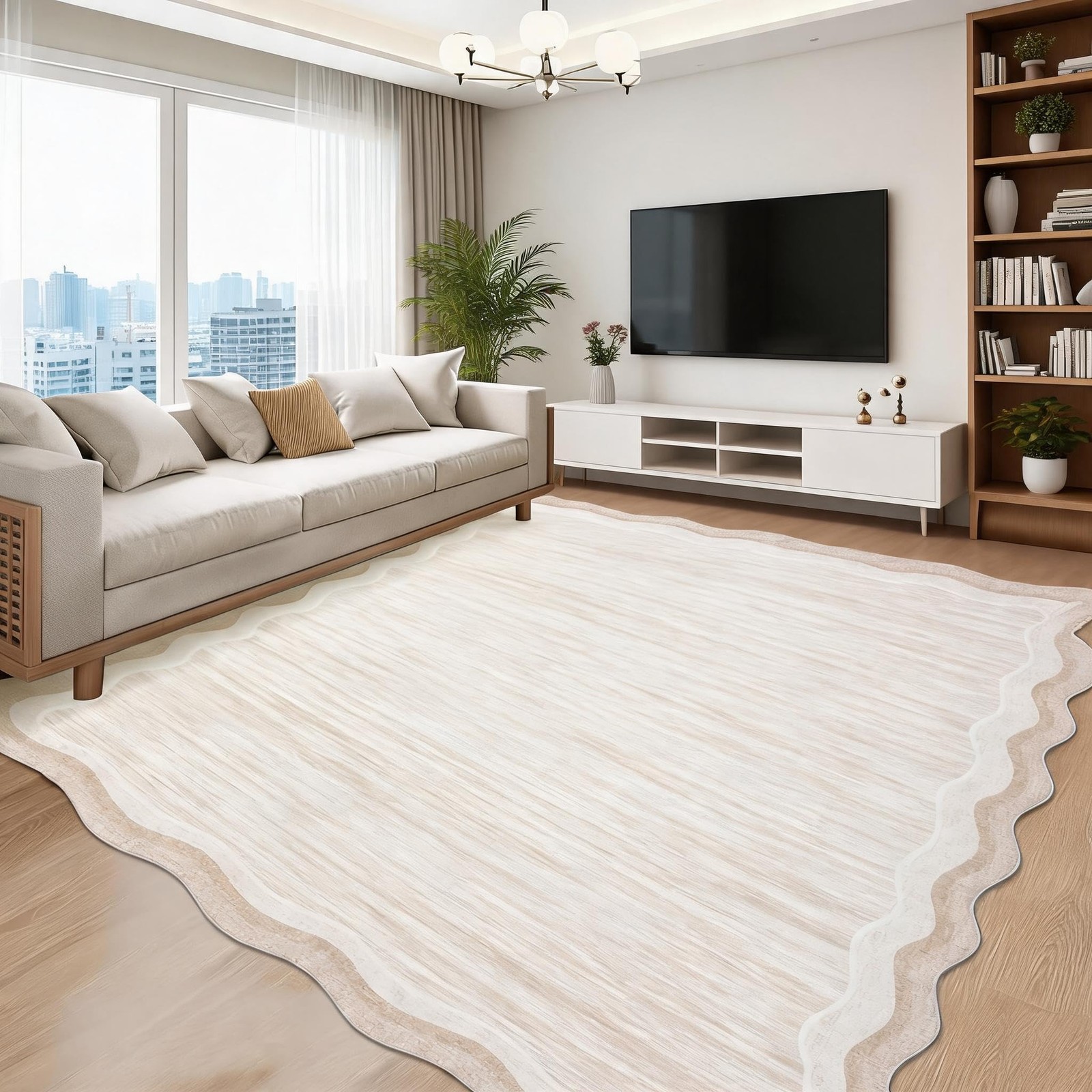 Scalloped Border Area Rug 8x10ft Washable Low Pile Stain Resistant Living Room