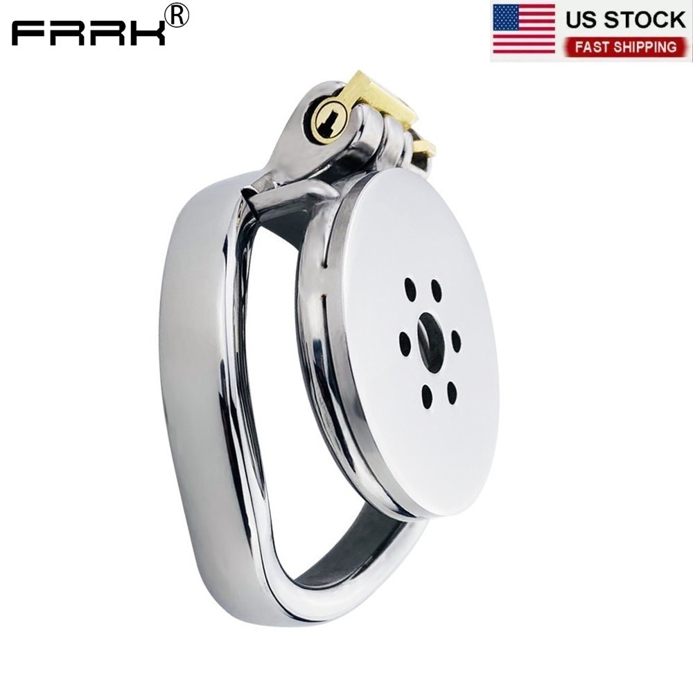 FRRK Male Flat Chastity Cage Inverted Metal Negative Lock Restraint Ring Device