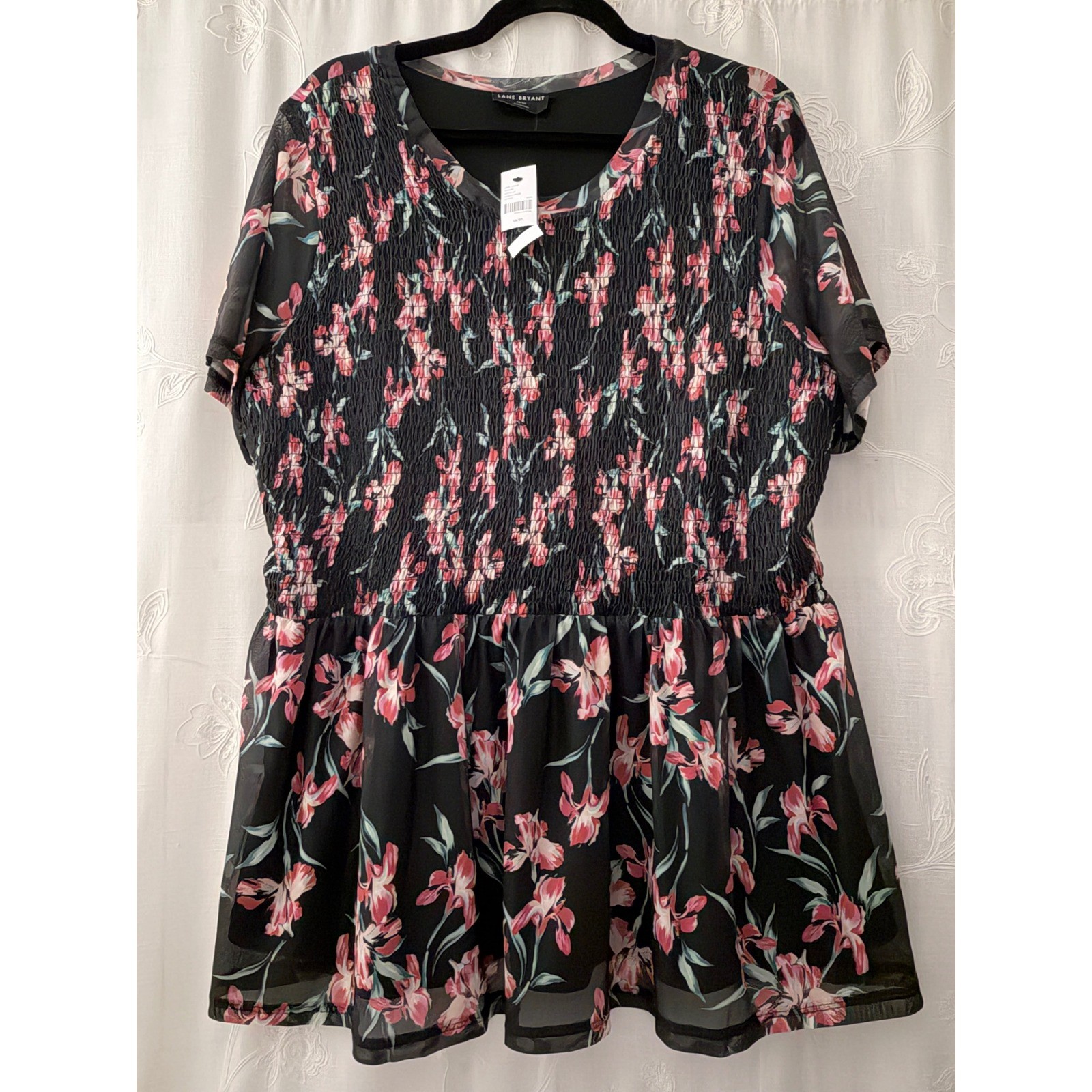 Lane Bryant Floral Smocked Peplum Mesh Top Black Pink Plus Size 18/20 NWT Lane Bryant Floral Smocked Peplum Mesh Top Black Pink Plus Size 18/20 NWT