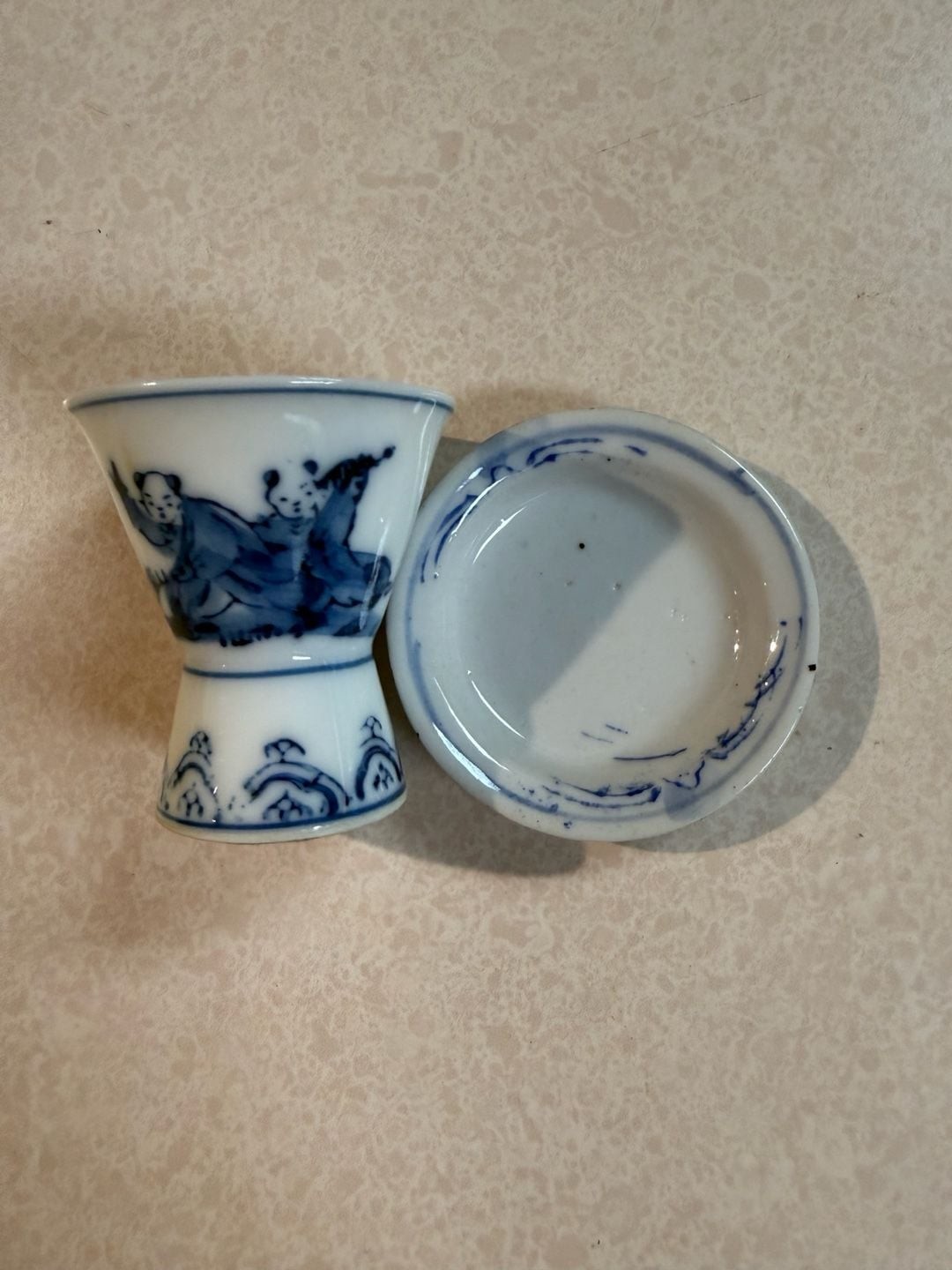 Vintage Japanese Blue and White Porcelain Sake Cup and Holder