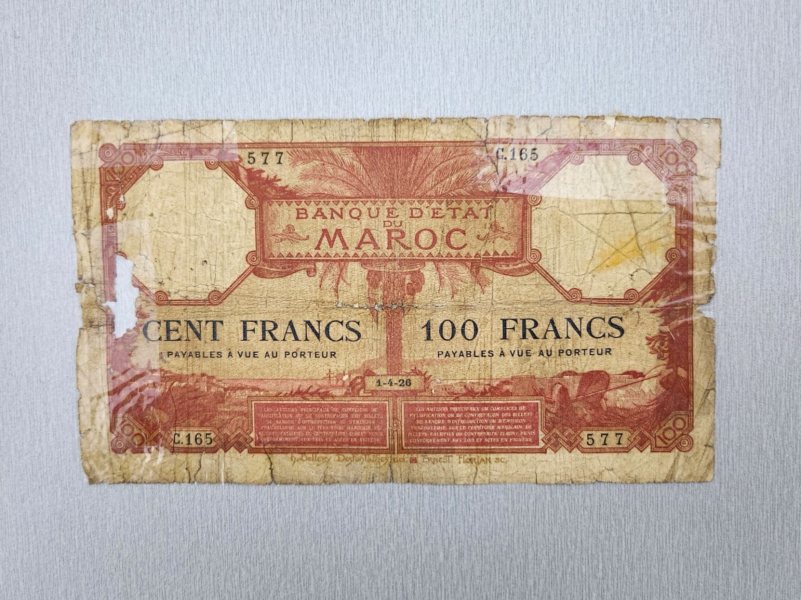 Morocco 100 Francs Banknote 1926 - Banque d\'État du Maroc - C.165